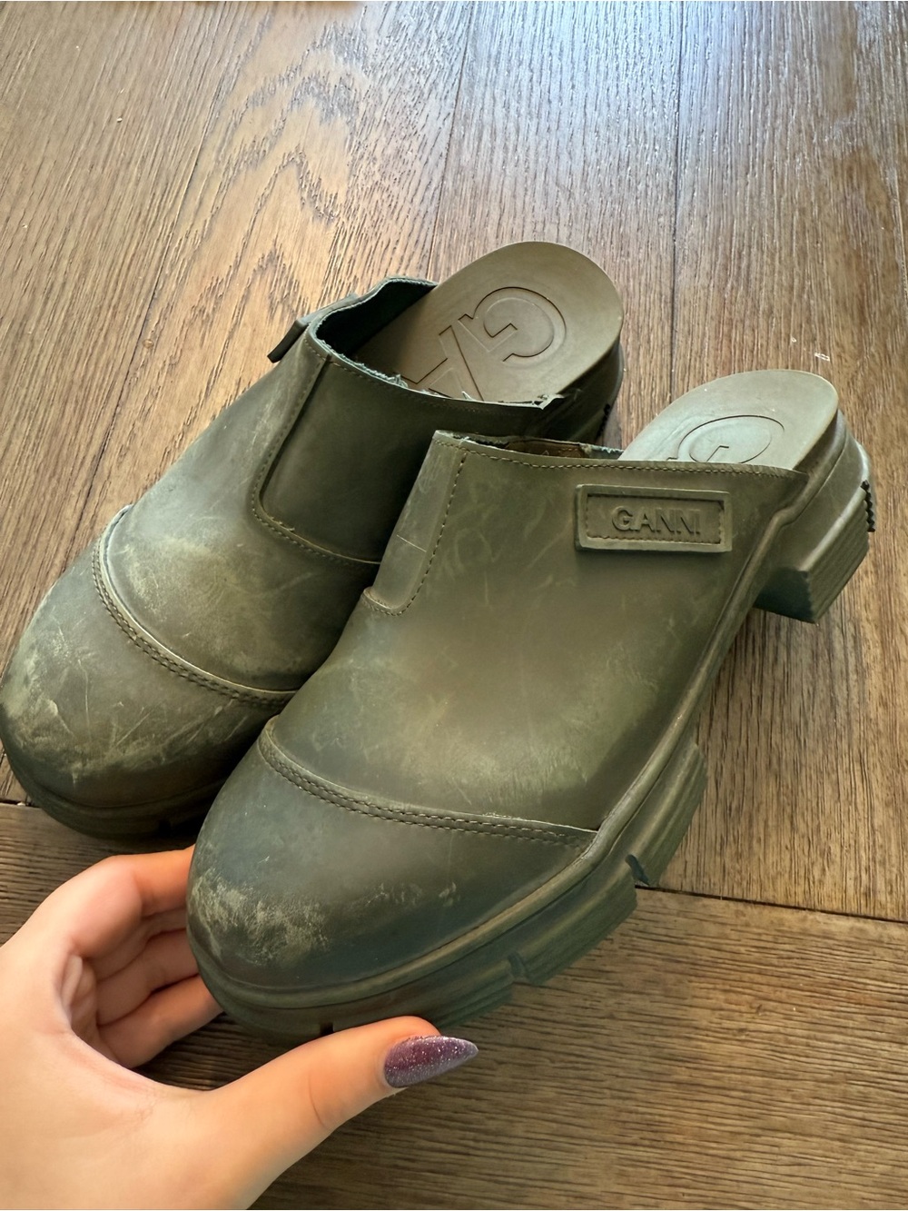 Ganni Olive Green Chunky Platform Clog Mules